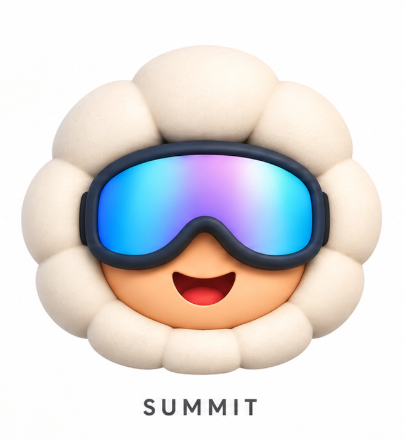 Summit, a smiling Sherpa head with an ivory hood and mineral goggles